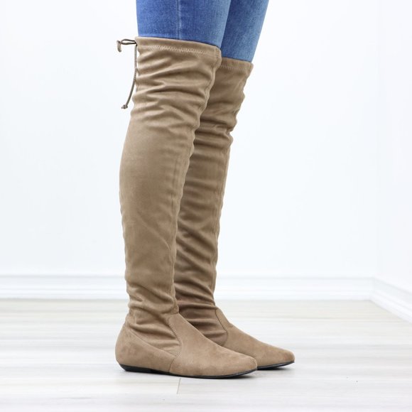 Taupe Thigh High Over The Knee Flat Boots Faux Suede - Picture 2 of 15